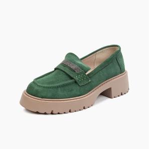 Green Suede Metal Trim Loafers 