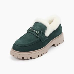 Green Suede Leather Winter Loafers with Buckle Trim