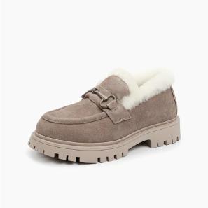 Beige Suedette Chunky Buckle Front Winter Loafers