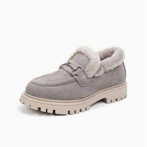 Grey Suede Leather Buckle Trim Loafers for Winter