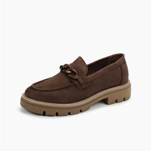 Brown Suede Loafers with Buckle Trim