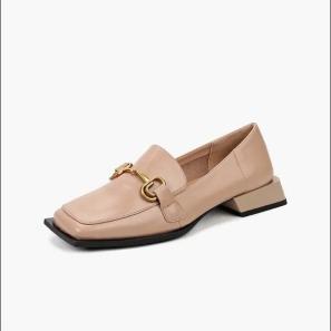 Beige Cow Leather Buckle Dress Loafers for Women