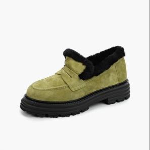 Green Suede Leather Women Winter Loafers 