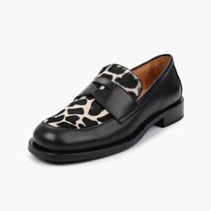 Trendy Black Leather Leopard Penny Loafers