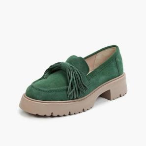 Trendy Green Tassel Loafers with Suede Leather