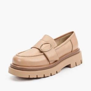 Beige Leather Chunky Loafers with Gold Trim