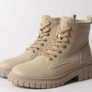 Beige Leather Lace-up Ankle Boots with Zipper Inside