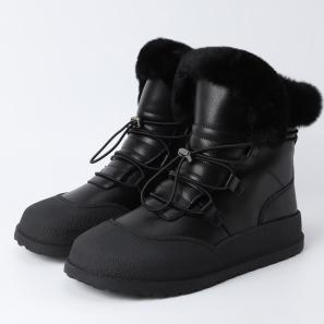 Real Fur Collar Black Leather Women Booties