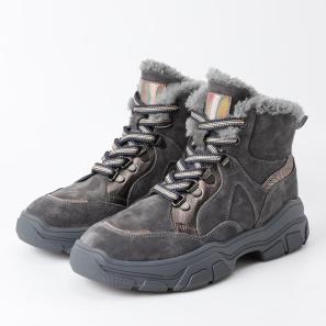 Wholesale Grey Suede Real Fur Collar Women Boots with Fur Lining