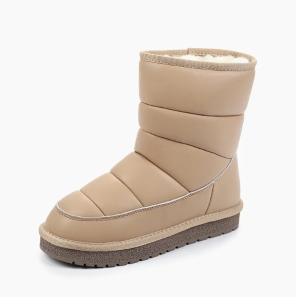 Beige Leather Women Snow Boots for Winter