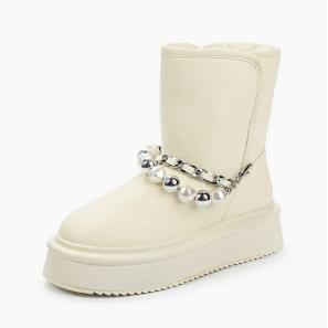 Offwhite Leather Snow Boots with Metal Strap