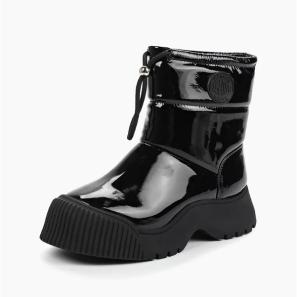 Shinny Black Leather Snow Boots For Women