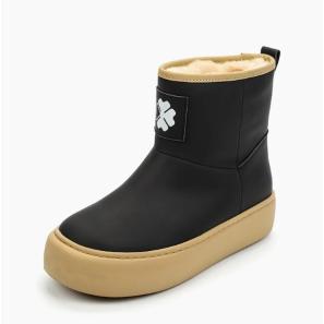 Black Leather Snow Boots For Women with Yellow Contrasting Sole