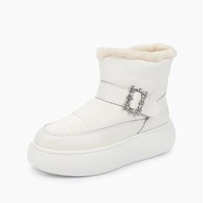 White Leather Snow Boots with Buckle Strap