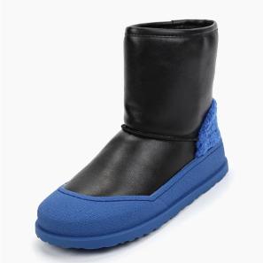 Wide Black Leather with Blue Fur Snow Boots