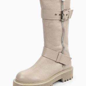 Offwhite Leather Buckle Strap High Boots with Outside Zipper