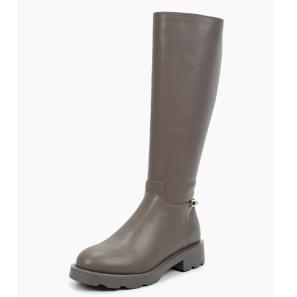 Grey Leather Long Boots with Metal Trim on Back