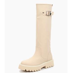 Offwhite Faux Leather High Boots with Buckle