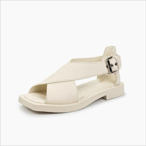 Beige Leather Buckle Sandals for Women