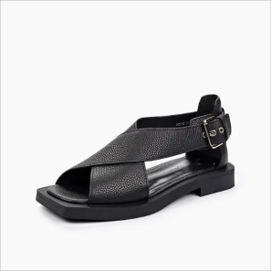 Black Leather Women Buckle Sandals