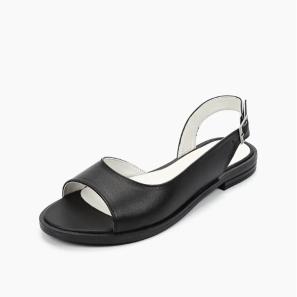 Black Leather Flat Sandals For Women