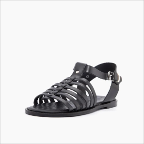 Black Leather Women Flat Sandals