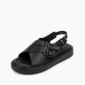 Black Leather Double Buckle Women Sandal