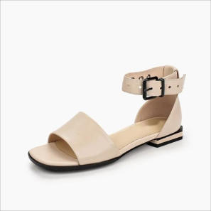 Beige Leather Strap Flat Sandals