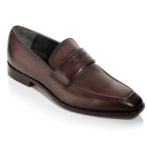 Brown Burnished Leather Penny Loafers for Men