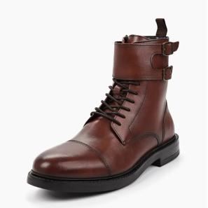 Brown Leather Men's Boots with Double Buckle Strap