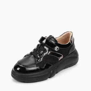 Black Patent Velcro Strap Kids' Sneakers with Black Sole