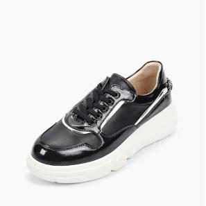 Black Leather Children Sneakers with Metal Strap on Back