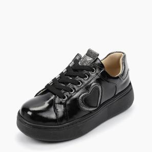 Black Leather Girls' Sneakers with Love Shape Outside