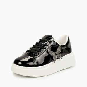 Black Patent Girls' Sneakers with Butterfly Design On Upper