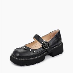 Black Leather Chunky Mary Jane School Shoes