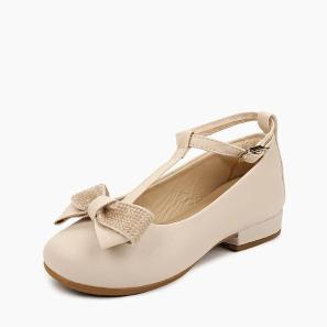 Beige Leather T-strap Girls' School Shoes