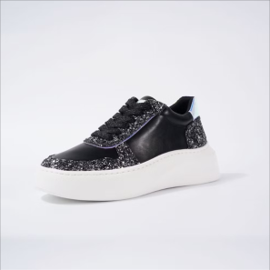 Black Sporty Glitter Platform Women Sneakers with Flat Heel