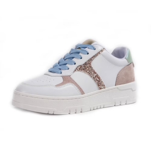 Lace Up Leather Women Sneakers Glitter Detailing White