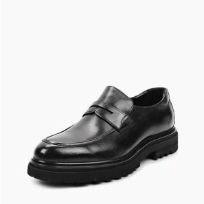 Black Leather Wide Toe Penny Loafers for Men